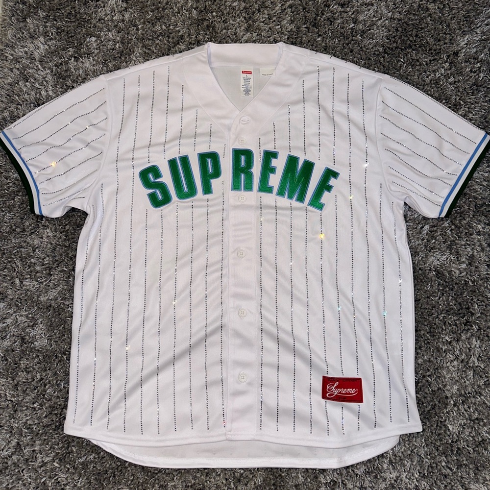 supreme rhinestone stripe baseball jersey white (authentic)